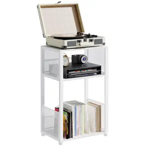 Record Player Stand for Vinyl, 3 Tier Turntable Table with Sturdy & Wobble-Free Construction, Reinforced Joints, Holds 100 Albums, Retro Metal Mesh Design, Multifunctional End Table for Living Room Bedroom