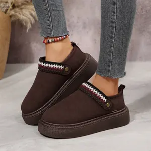 Women's Warm Plush Slip-On Loafers Platform Mini Snow Boots with Bohemian Stitching Detail Indoor Outdoor Shoes