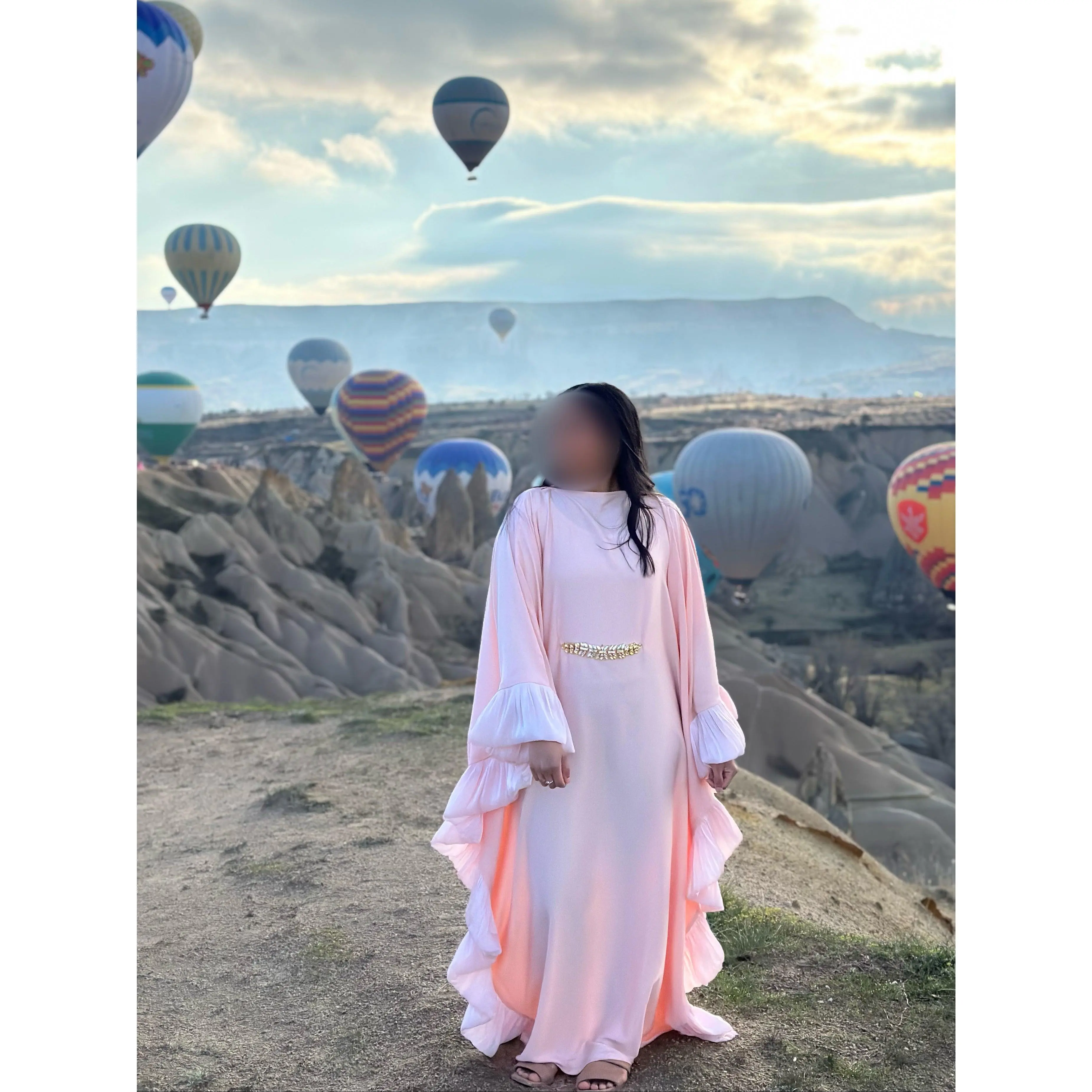 Meera Abaya with Double Pleated Sleeves and Stone Belt - Baby Pink