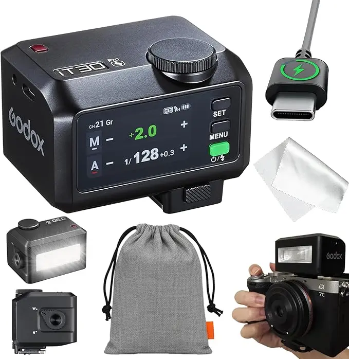 Godox iT30pro TTL Mini Flash & Trigger GODOX Authorized Distributor iT30 Pro for Sony Canon Nikon Fuji Fujifilm Olympus Panasonic Leica IT30 Pro TTL Flash, Wireless Master & Receiver, HSS 1/8000 Second, 2.4G Wireless