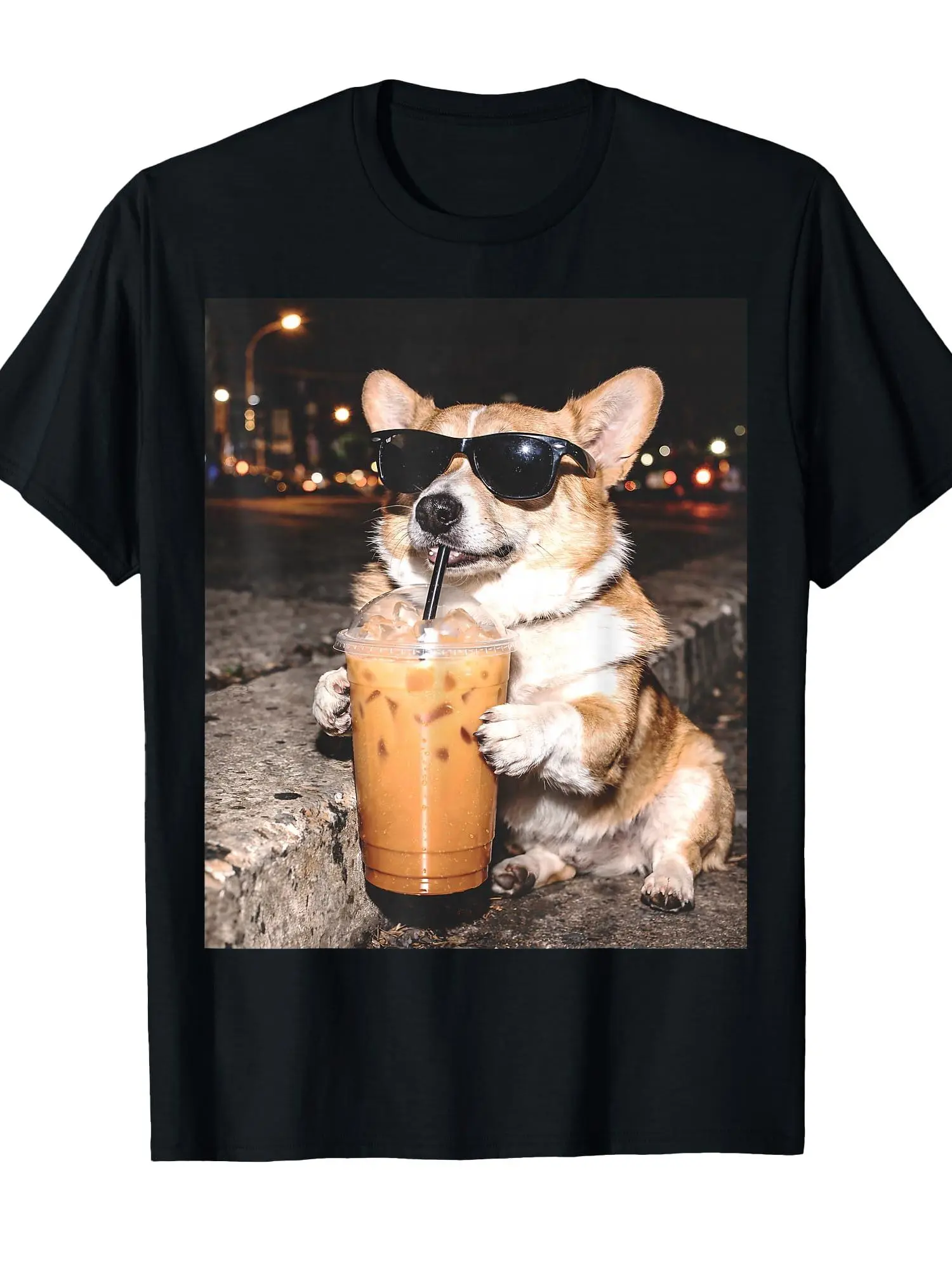 Corgi Drinking Iced Coffee Funny Dog Meme T-Shirt unisex soft cotton short sleeve t shirt, vintage graphic casual tee for men women teens, perfect birthday holiday gift for camping travel gym daily street casual wear