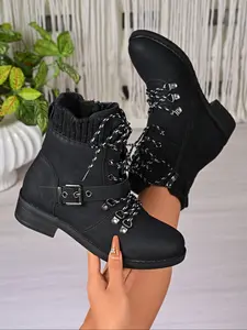 Women's Fall Winter Knit Patchwork Boots, Metal Buckle Short Boots, Vintage Workwear Style, Faux Fur Thick Heel, PU Leather