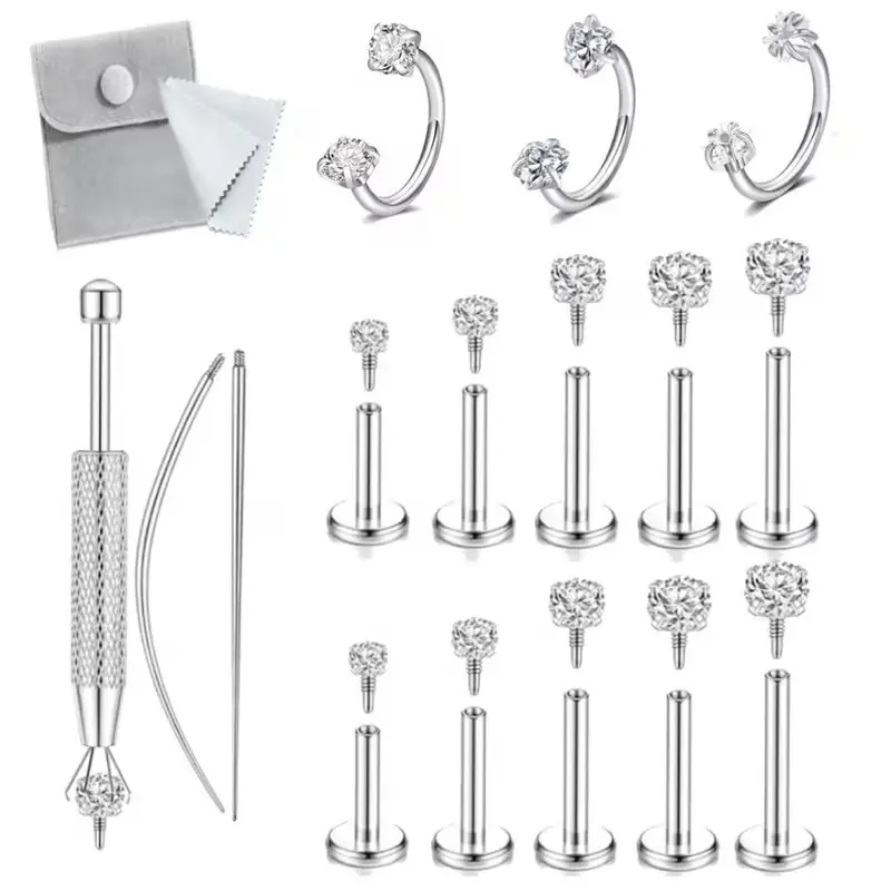 2D Flat, Stainless Steel Horseshoe Nose Ring and Flat-Back Stud Earring Set Threadless Labret for Lip/Nose Hypoallergenic Earrings Cartilage Conch Tragus Piercing for Holiday Wear & All Season