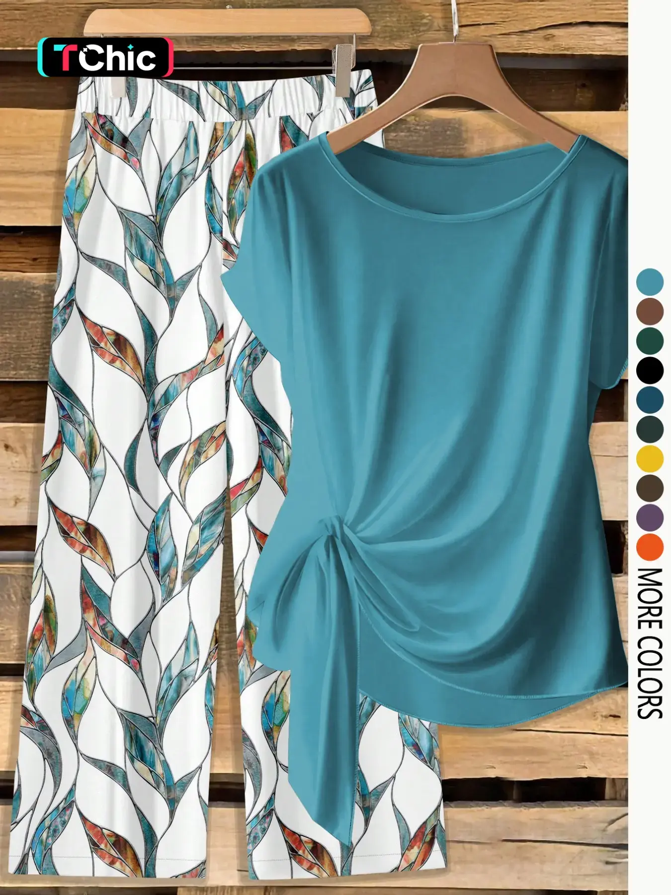 Women's Casual Printed Knot Shirt and Loose Straight Pants Set, Lightweight, Perfect for Spring and Summer, Comfortable Two-Piece Outfit
