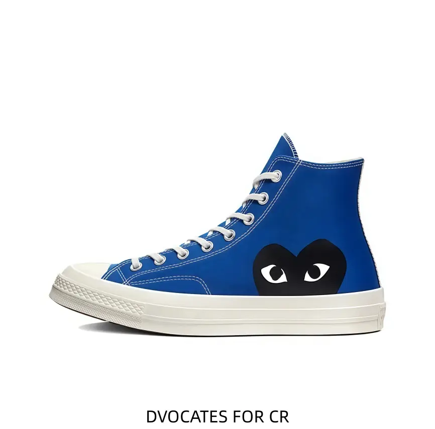 Retro bright blue canvas high-top athletic shoes with off-white rubber sole and heart eye print offer flexible fit for campus trips and weekend dating outings