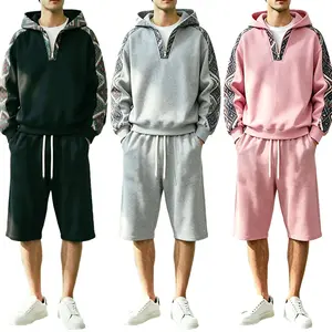 Men’s hoodie and shorts set featuring ethnic-style printed patchwork and soft fleece streetwear—casual everyday wear.
