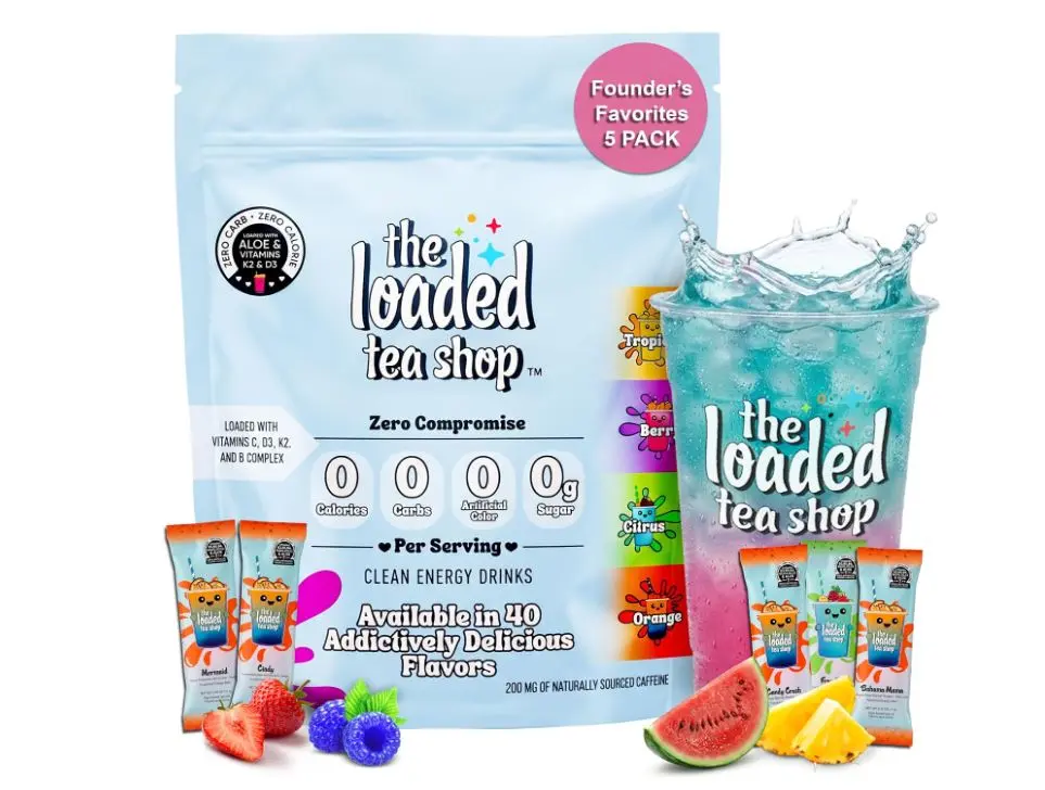 HOT SUMMER 2026!! The Loaded Tea Shop Energy Drink Mix Sticks, Founder’s Favorites 5 Pack, Sugar-Free, Zero Calories, 200mg Natural Caffeine, No Artificial Colors/Flavors, Powder Packets w/ B Vitamins - Energy Drink Alternative