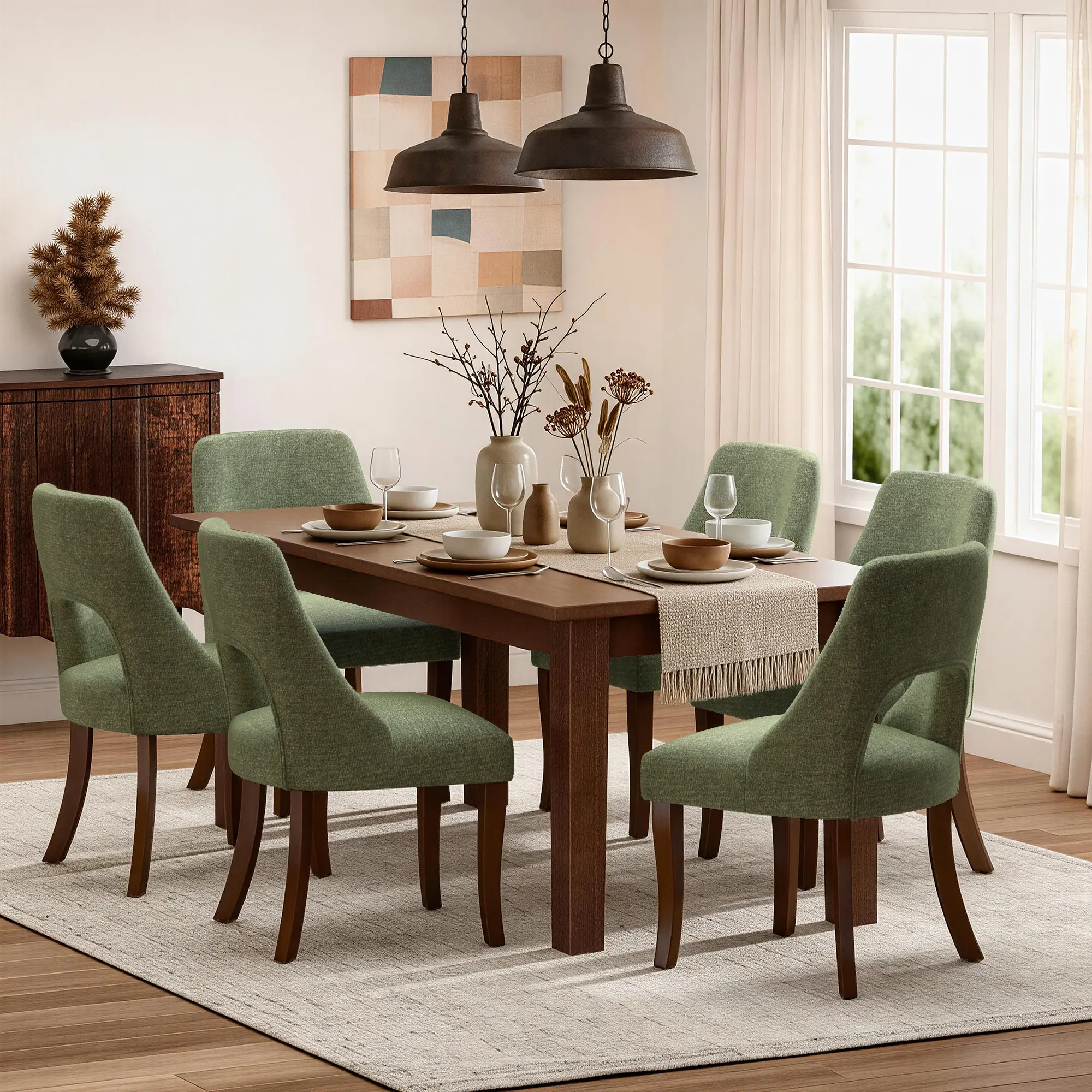Mid Century Wooden Dining Chairs Set of 2/4, Mid Century Modern Chenille Upholstered Dining Room Chair Kitchen Chairs, Farmhouse Dinner Chair with Solid Wood Legs for Kitchen Dining Room