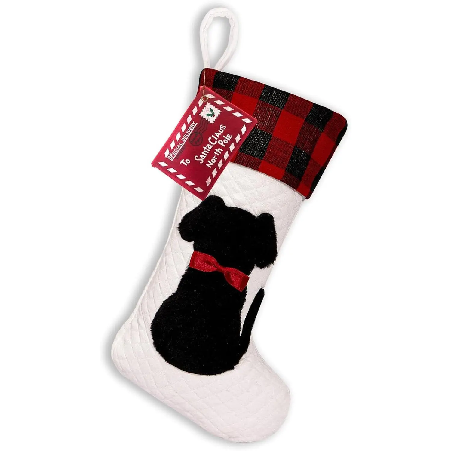 Dog Christmas Stocking Dual-Layer, 20 inch Dog Stocking Single, Pet Christmas Stockings with 3D Black Doggy, Large Animal Buffalo Red Plaid Xmas Stockings for Dogs Family Decorations