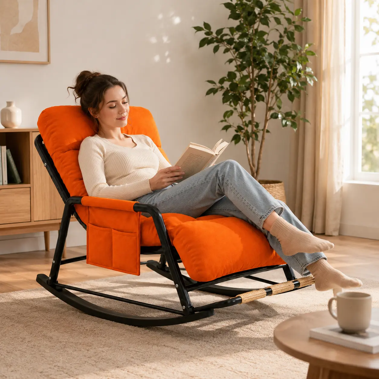 Oversized Upholstered Rocking Chair for Adults - High Back Metal Rocker with Footrest Massage Rollers, Side Pocket, Tufted Cushion - Indoor Lounge Recliner for Living Room, Reading Nook, Orange
