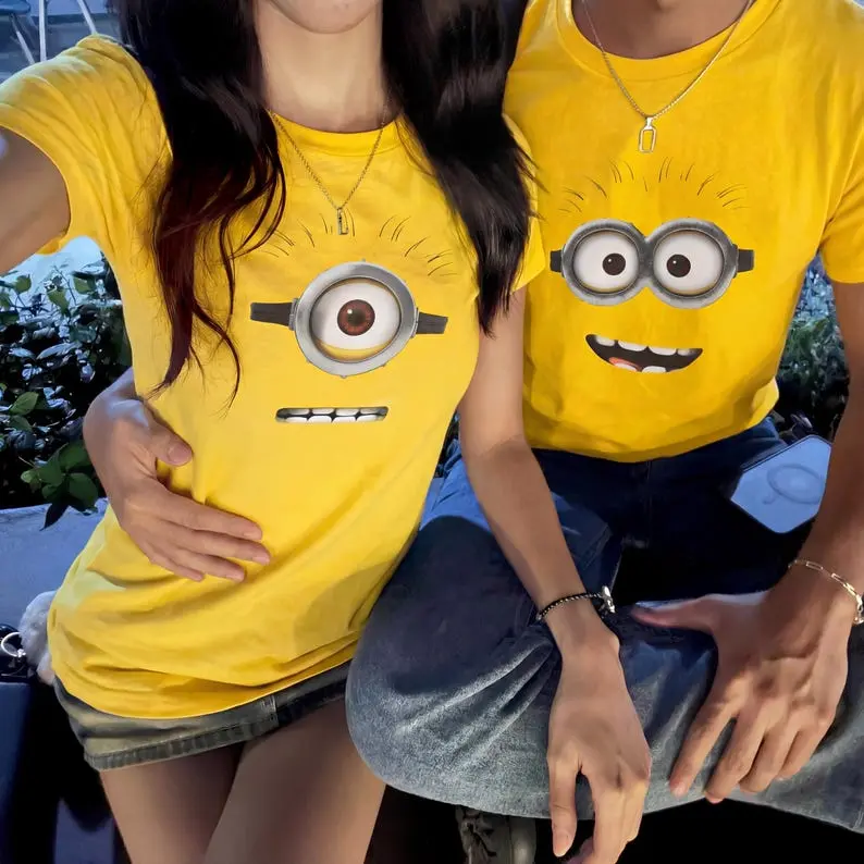 Minions Despicable Me Matching Couple T-shirt  Yellow One-Eye Stuart Two-Eyes Dave Graphic Top, Short Sleeve Cotton Apparel Garment#minion #minions #minionshirt #minionlover #funnytshirt #memeshirt #cartoonshirt