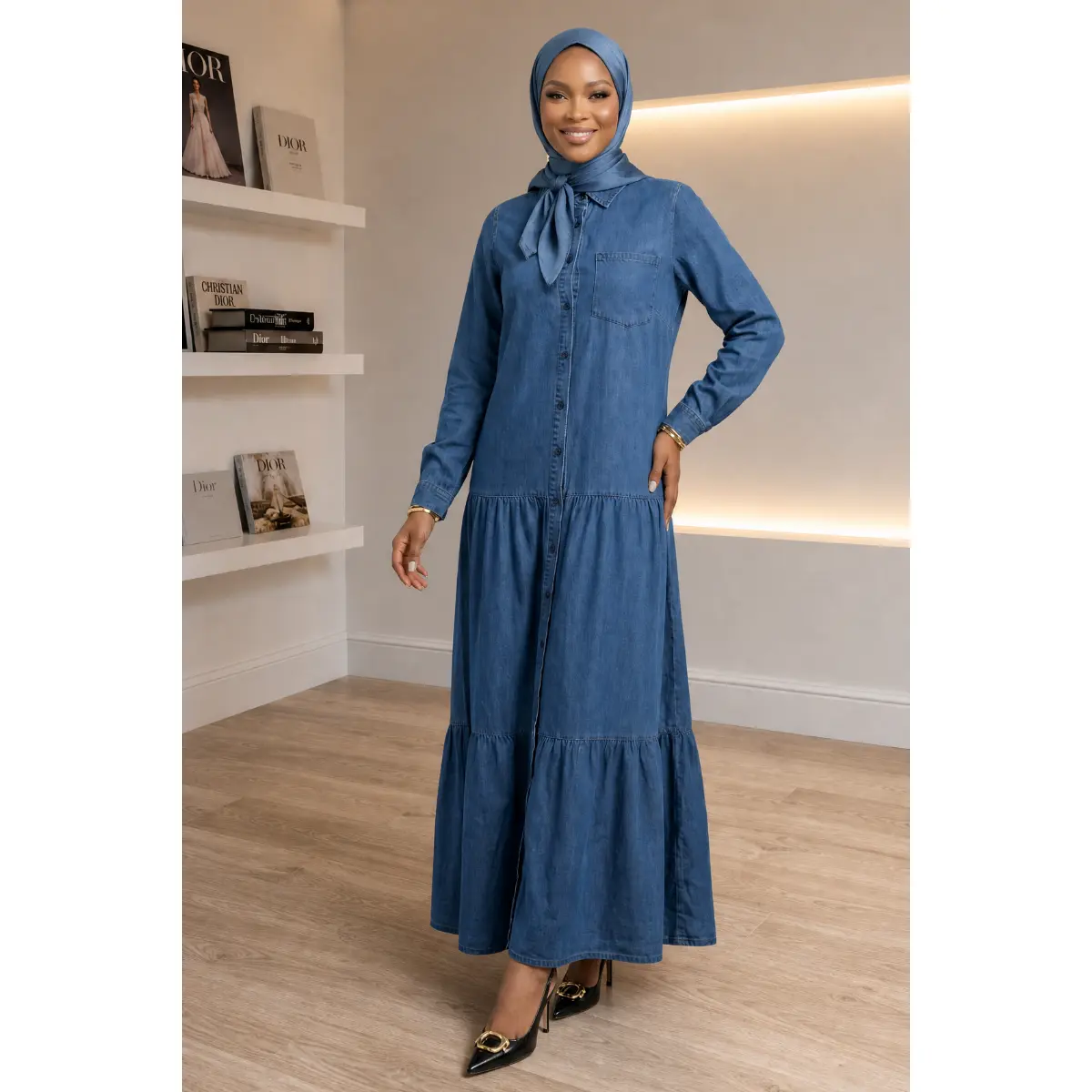 Women's Abaya Style Denim Solace Maxi Dress - Soft Breathable Denim, Button-Up Shirt Collar, Tiered Silhouette, Relaxed Fit, Casual Chic Outfits, Full Length, All Seasons, Elegant Modest Womenswear