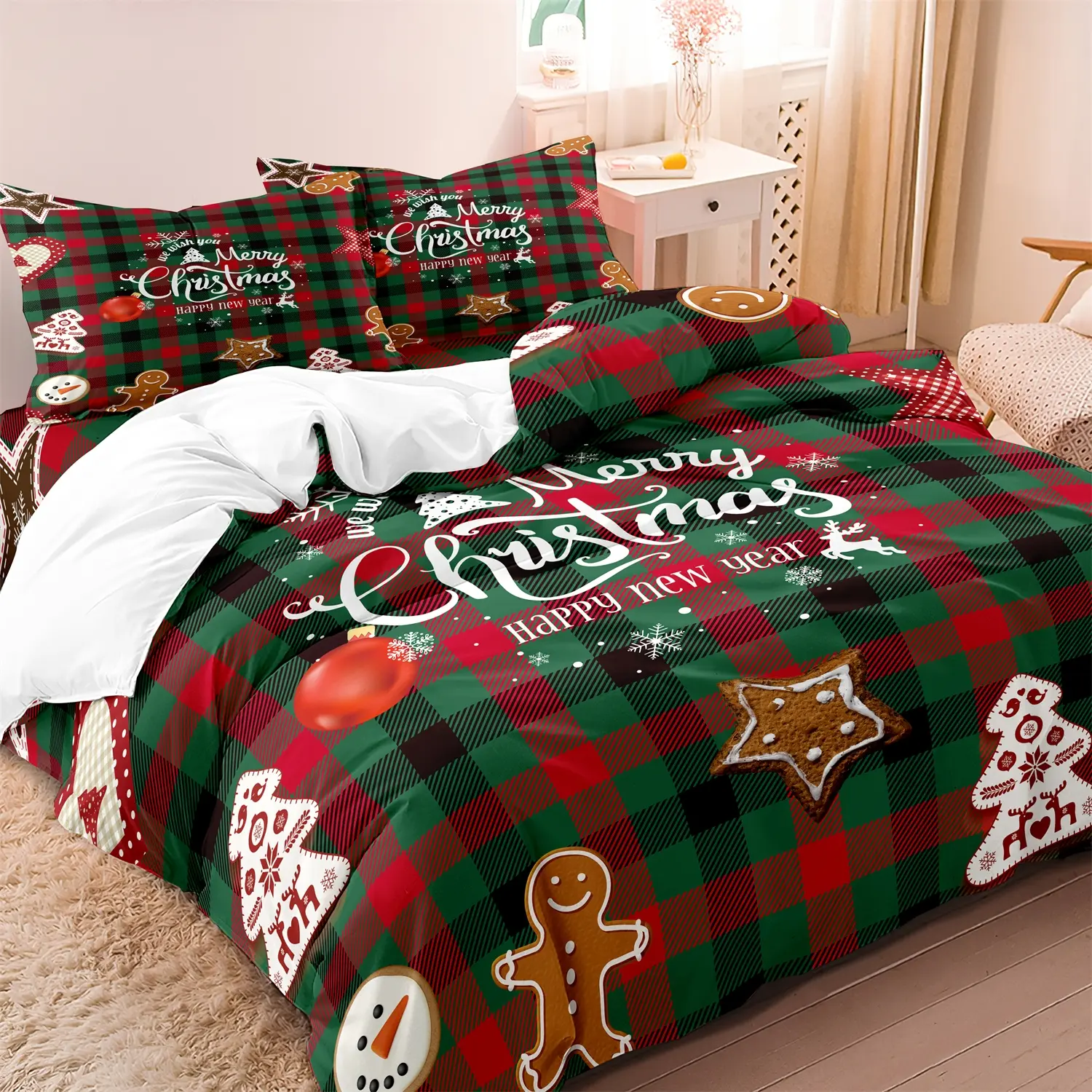 3pcs Christmas Decorative Duvet Cover Set, Theme Bedding Set - Festive Reindeer, Tree & Gingerbread Designs - Soft Polyester Bedding for All Seasons - Includes 1 Duvet Cover and 2 Pillowcases (No Insert) - Perfect for Home Holiday Decor, Bed Covers