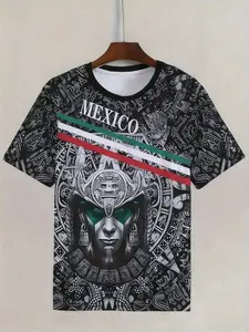 Men's Mexican Aztec Warrior Print T-Shirt, Mayan Culture Street Style Round Neck Short Sleeve Top, Sporty Loose-Fitting All Seasons