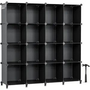 Neprock 16 Cubby Storage Organizer, Closet Clothes Storage Organizer, Cube Shelves Closet Organizers and Storage Shelves for Clothing Storage with Hammer, Bookshelf for Kids（Black）
