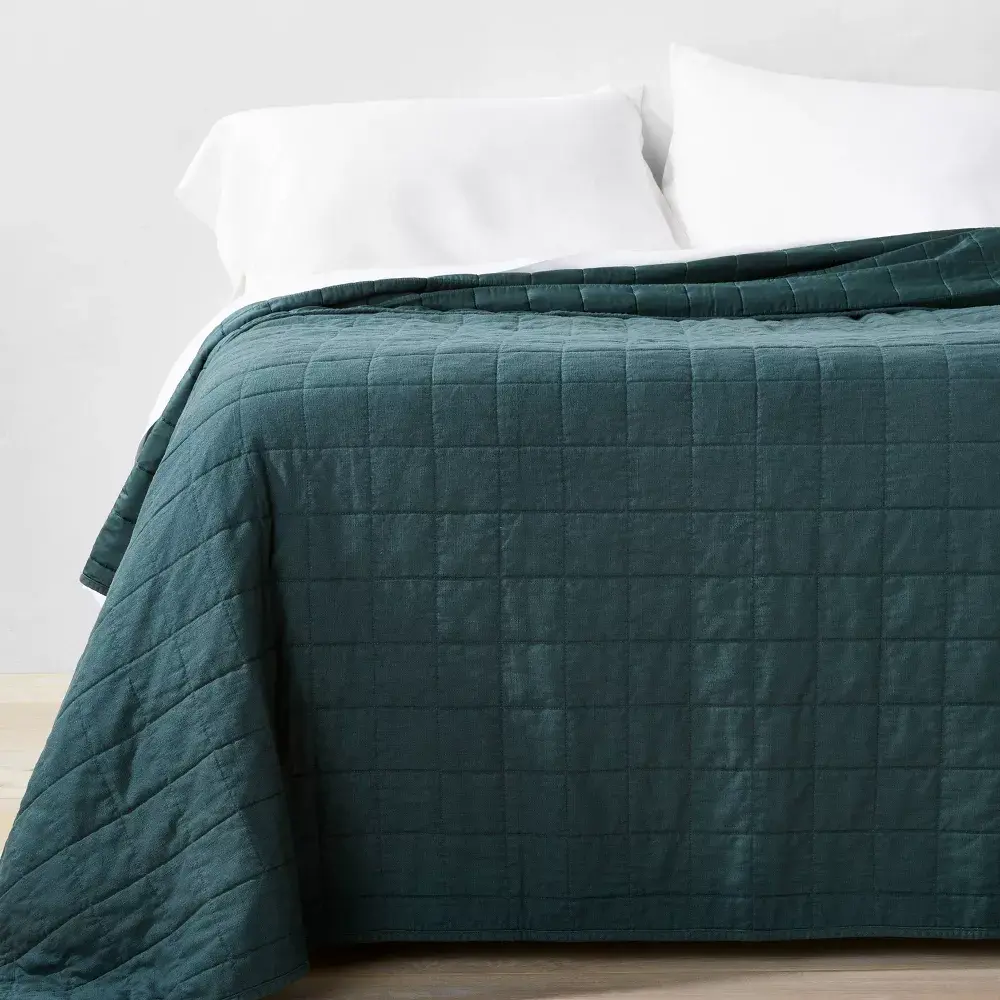 Casaluna Full/Queen Heavyweight Linen Blend Quilt, Dark Teal Blue - Woven Texture, Woven Rayon & Cotton, OEKO-TEX Cert.