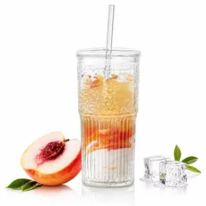 Glass Beverages with Lids and Glass Straws, High Borosilicate Glass with Surface Texture, Coffee Cups, Juice and Milk Cups, Christmas Gifts