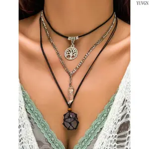 Women's 3-Pcs Boho Vintage Crystal Pendant Necklace Set - Retro Artificial Crystal Layered Necklaces, Whimsical Accessories, Casual Party Streetwear Jewelry, Ideal Birthday Gift (Indoor Recreation) summerwins,summerwins