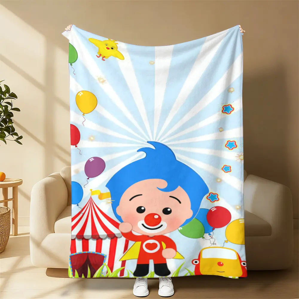 Plim Plim Themed Playful Blue Plush Cartoon Head Blanket - Ultra-Soft Fuzzy Fabric Bedding Throw Featuring Cheerful Blue-Haired Hero With Iconic Red Nose And Heart Emblem, Playful Blankets, Blue Plush Blankets