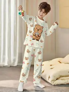 Capybara Bubble Tea 2-piece set for boys: long-sleeved pajamas with digital printing and long sleep pants, flame-retardant fabric, comfortable, soft, Snug fit pajamas, suitable for sleeping and home leisure, Cartoon Print Pajama