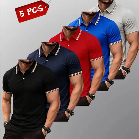 Men’s Slim Fit 5-Pack Polo Shirts - Button-Closure, Casual Short-Sleeve, Stylish Contrast Striped Collar, Solid Breathable Fabric Tops for Work, Golf