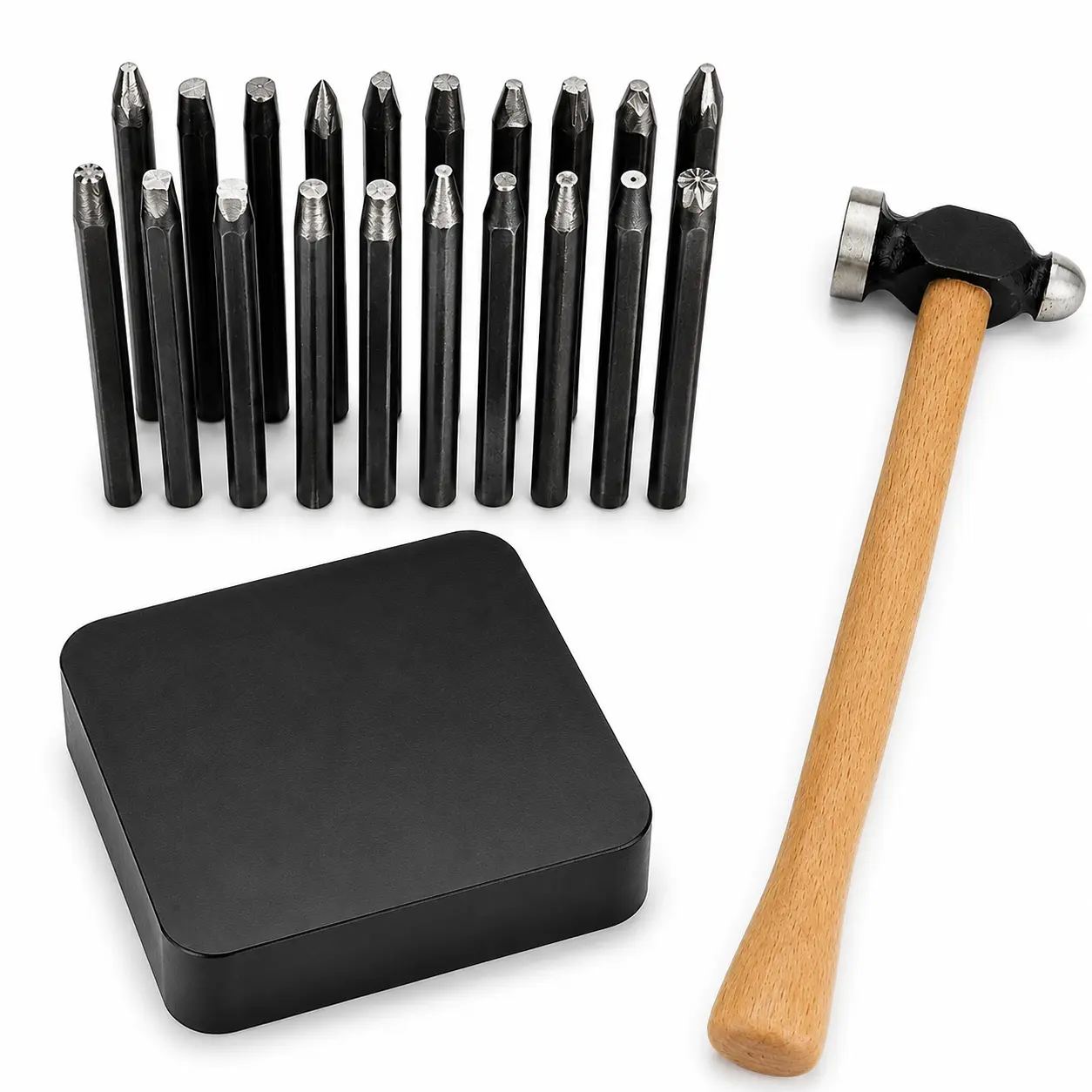 DIY Jewelry Texture Stamping Kit - Assorted Metal Punch Stamps, Rubber Bench Block, Hammer for Craft, Handicraft, Soft Metals Custom Pattern Creation (Toys & Hobbies, DIY Beading & Jewelry Making)