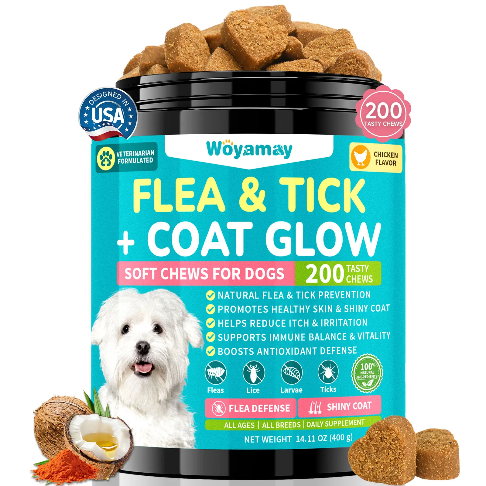 Woyamay Flea & Tick + Shinny Coat for Dogs Chewables 200 Soft Chews Chicken Flavor for Effective Prevention Skin Support & Itching Relief Natural DealsForYouDays