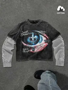 Unisex Long Sleeve Graphic Print T-Shirt, Unique Design with Eye and Cross Elements, Fitted Street Style, Casual Wear for All Seasons, Streetwear