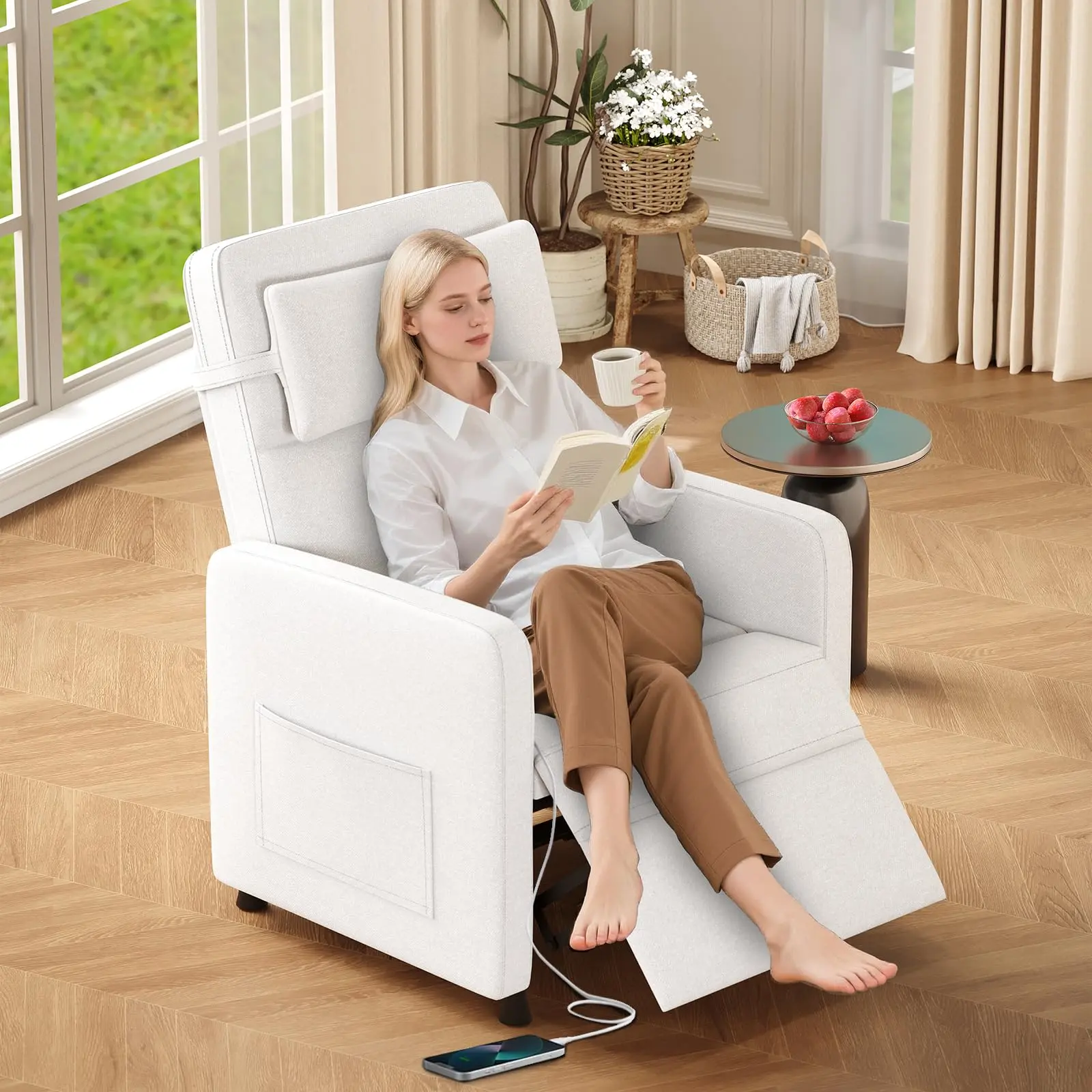 Adjustable Height Reclining Comfy Reading Chair - Indoor Gaming Furniture with Massage, Heat, Side Pockets, and USB Charging Port for Living Room