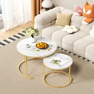 23.6/15.7 Inch Round Nesting Coffee Table Set of 2, Round Coffee Table for Living Room, Space Saving Nesting Tables with Faux Marble Top, Metal Frame, Adjustable Feet for Bedroom