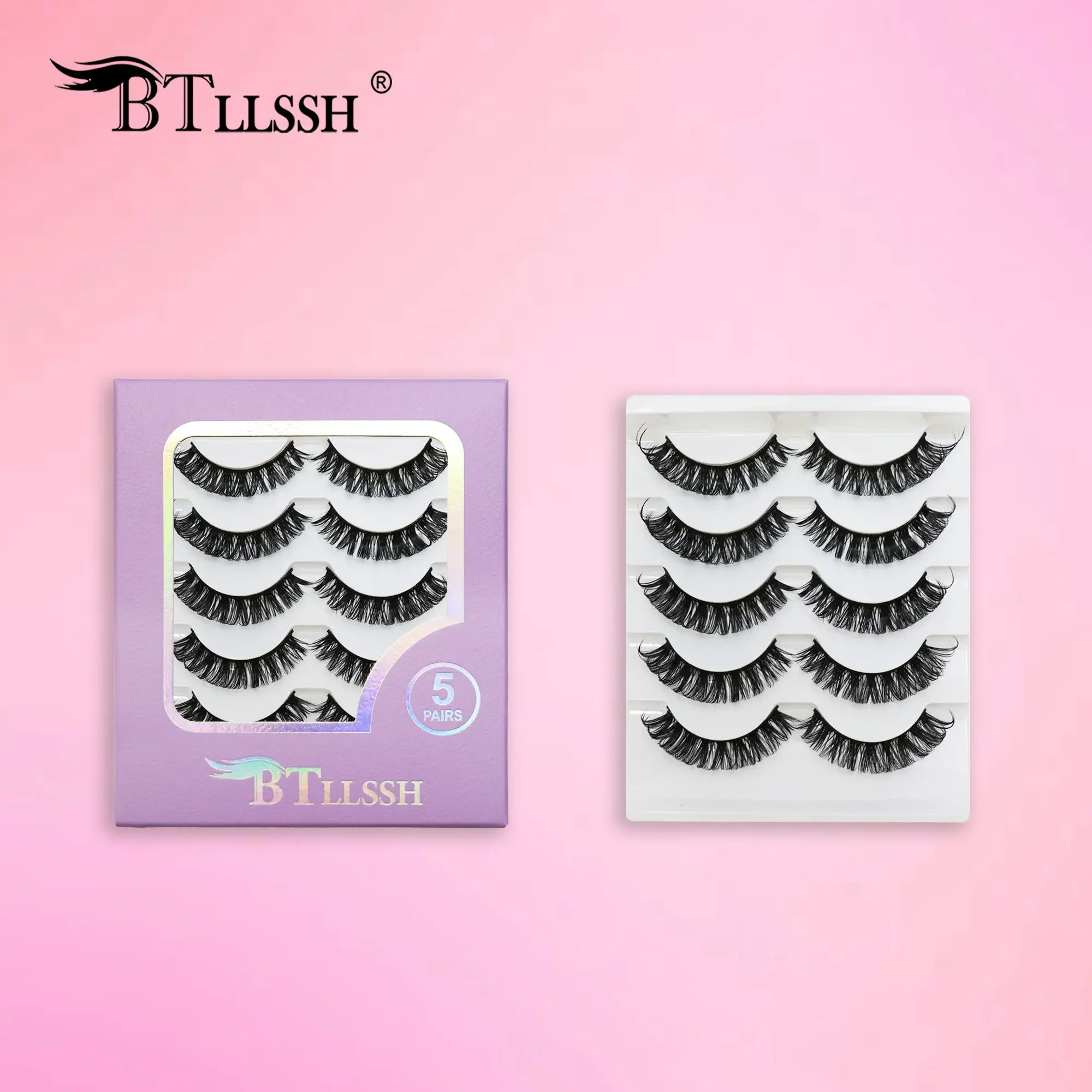 Btllssh High-Quality Gift Box Dense Fluffy Natural False Eyelashes Cosmetic Makeup, CC Curl 13-15mm, Non-Toxic Solid Lashes, 5 Pairs, False Eyelash Set
