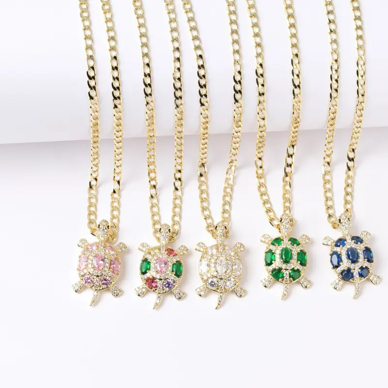 Adults' 14K Gold Tone 3mm Cuban Link Necklace, 16 Inch Gold Tone Chain with Colorful Turtle Pendant, Statement Necklace Pendant Jewelry