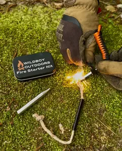Ferro Rod & Striker, waxed Hemp Rope Tinder,  Durable Metal Tin, Wildboy Outdoors Fire Starter Kit — Perfect for camping, survival, & emergency kits. Lightweight, reliable, and built to perform in any weather. Trusted by preppers & adventurers.