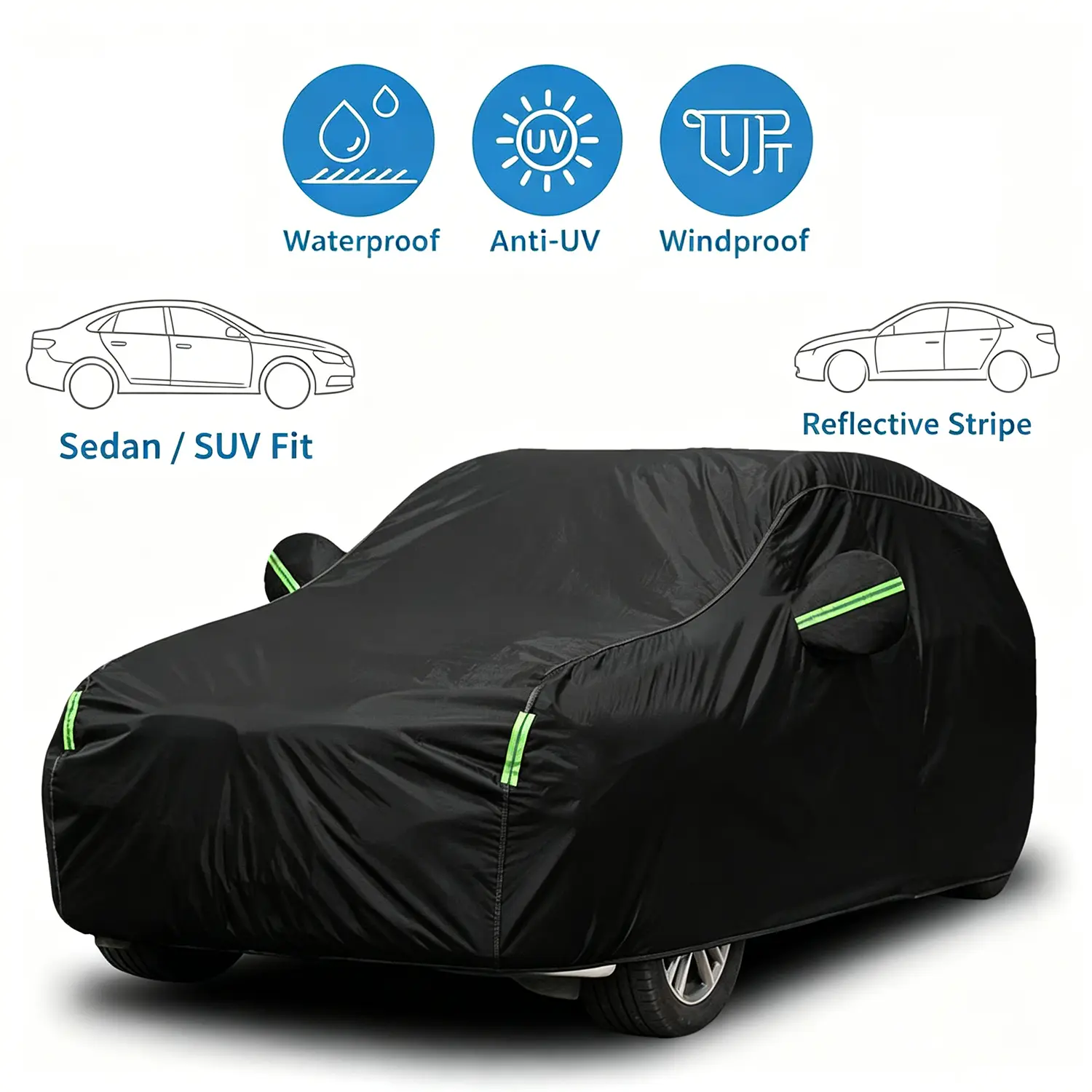 170T Durable Fabric Car Cover - Waterproof, Anti-UV, Dustproof, Snow Protection, Reflective Safety Stripes, Elastic Bottom Hem, Universal Fit for Sedan & SUV, Car Exterior Accessory
