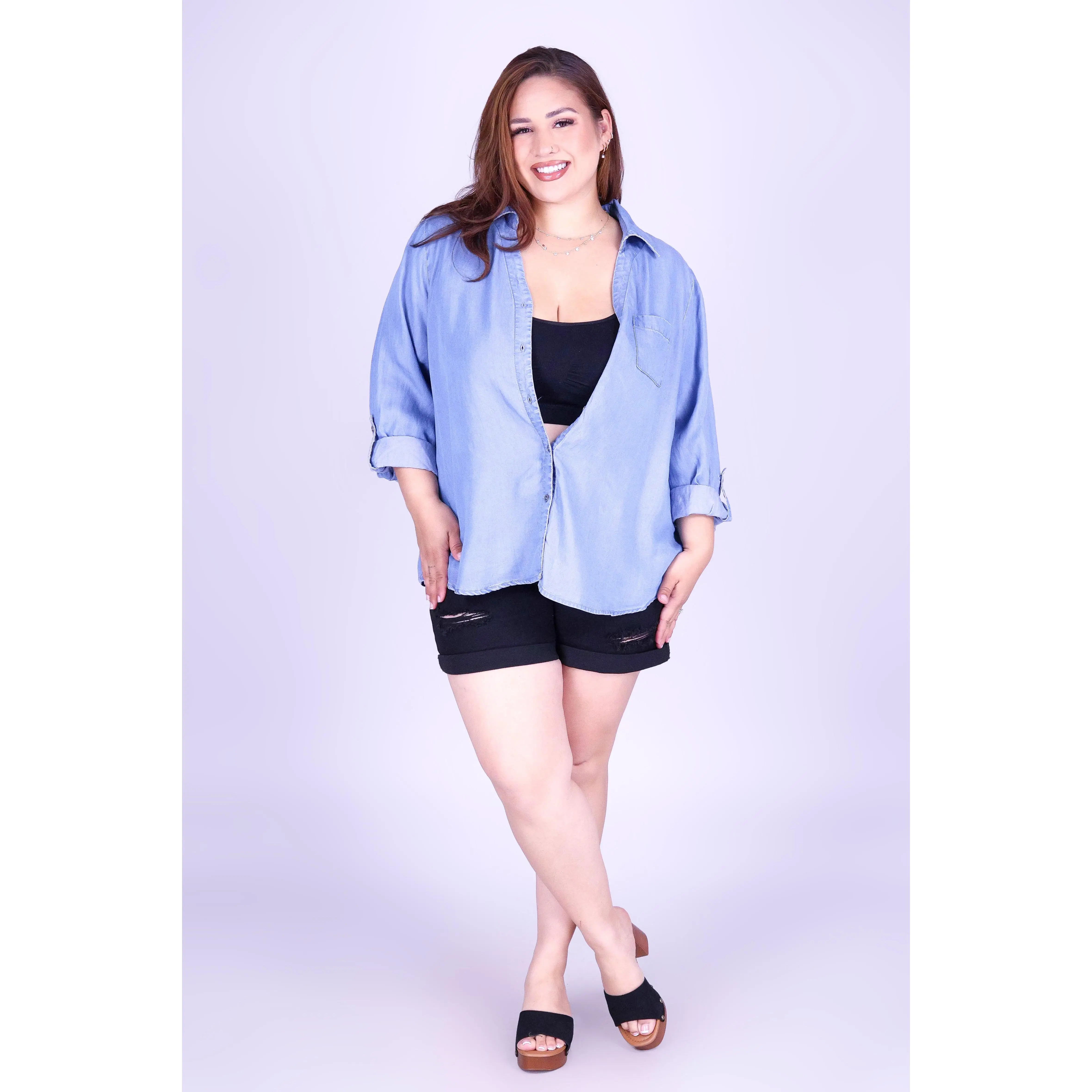 WHEN I SEE YOU CHAMBRAY TOP