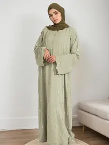 Women's Floral Embroidery  Long Sleeve Dress, Elegant   Dress for Beach Holiday Vacation, Ladies Islamic Clothing for All Seasons, Muslim Women Gowns