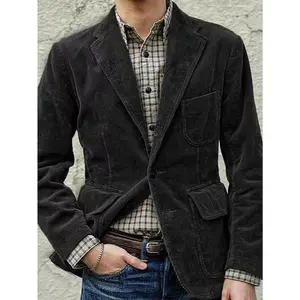 Men’s Corduroy Blazer Jacket – Iron-free casual single-breasted with notched lapels | Brown front-button jacket for all seasons; hand wash and dry clean