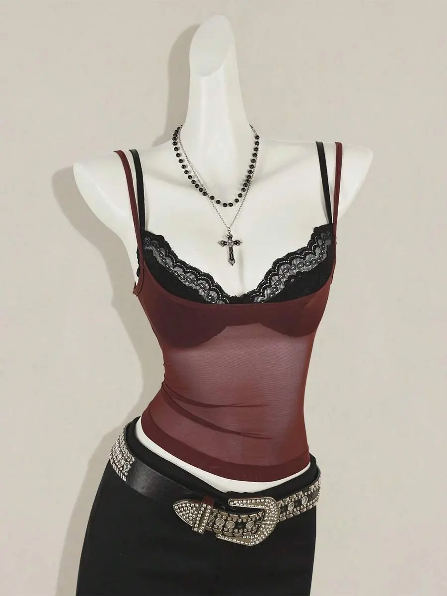 2pcs/Set Women's Red Sheer Camisole Top, Paired With Black Lace Spaghetti Strap Bra