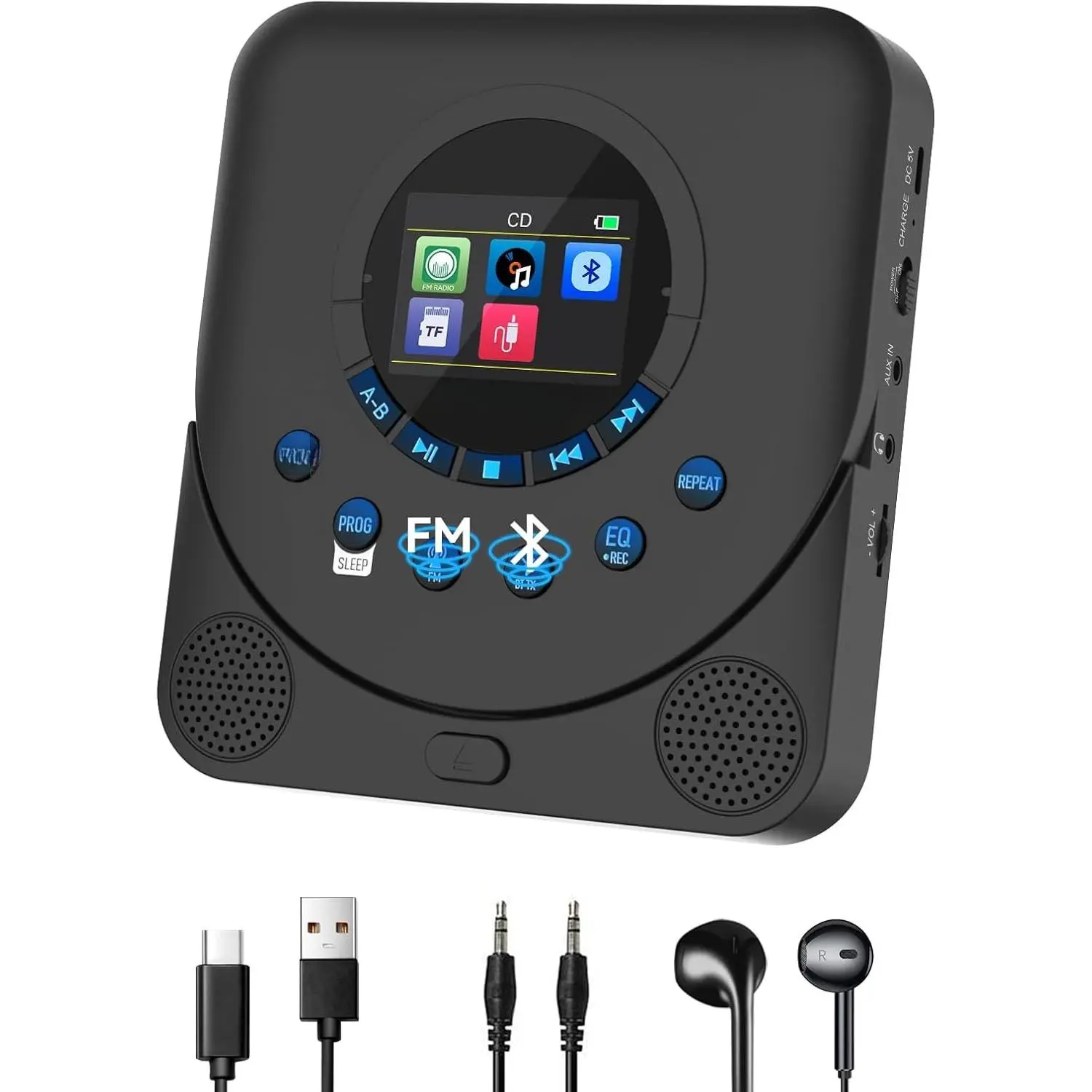CD Player Portable,  Dual Stereo with CD Player with Speakers, Rechargeable Discman Player for , Support TF Card, FM Receiver and Transmitter with Sleep Timer, Colorful TFT Screen
