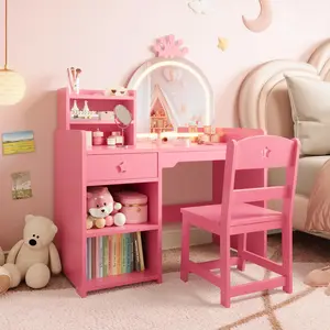 Kids Vanity with Lighted Mirror, 2 in 1 Princess Vanity Set Toddler Vanity Table & Chair Set with Open Bookshelf, Storage Cabinet & Shelves for Little Girls