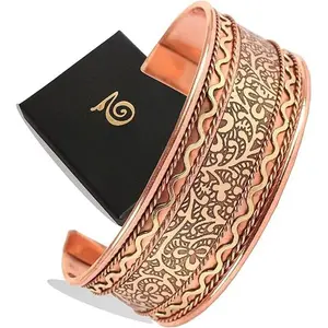 copper essentials handcrafted copper bracelet. Hand forged with solid and high gauge Tibetan style engraved cuff pure copper jewelry for women men. Beautiful embossed design.