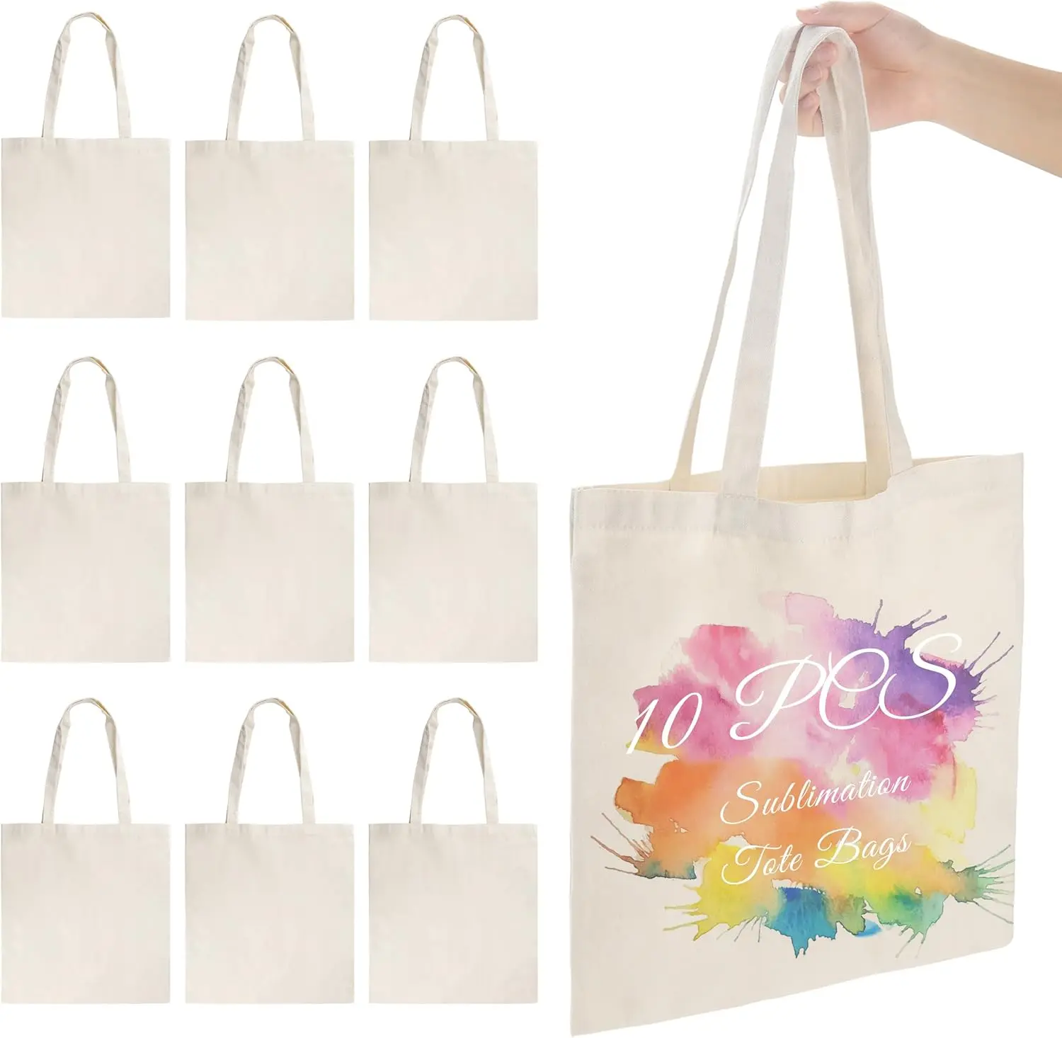 Joyclub 10-Pack Rectangle Sublimation Blank Tote Bags, 15x16in Large Polyester Multi-Piece Reusable Shopping Bags with Long Handles for DIY Decorating, Craft Projects, Graduations, Lunch, Beach Use, Lunch Bags