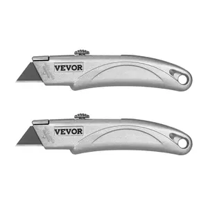 VEVOR Utility Knife,  2-Pack Retractable Box Cutter, with Aluminum Alloy Case, SK5 Blades and Handle, 3-Position Blade, 5 Blades, Heavy Duty Box Cutter for Leather, Card Board, Rubber Cables, Silver