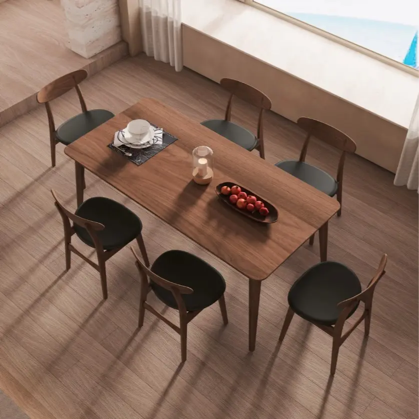 Isabella Mid-Century Walnut Wooden Dining Table Set with Chairs, Indoor Dining Room Furniture, Wooden Dining Set