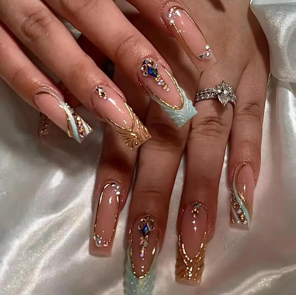 [NEW RELEASE] Glam 3D Gem Press On Nails/Handmade Gel Nails In Long Square/Glue On Nails/Summer Blue Nails/Birthday Wedding Vacation Nails/Gift for Her