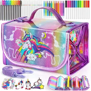 Unicorn Markers Set for Kids, Arts Supplies 67 pcs with Glitte Pencil Case and Strap, Birthday Gift for Girls 4 5 6 7 8 Years Old, Arts and Crafts Coloring Set for Kids 4-8