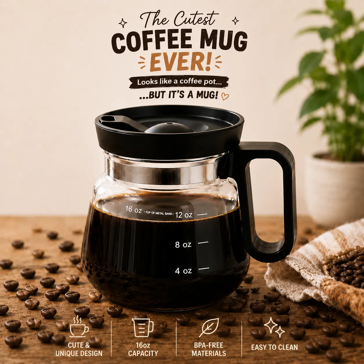 16 Oz Glass Coffee Mug with Lid,Handle, Cute Coffee Pot Look Novelty Mug, Clear Measuring Coffee Cup with Oz Marks, Reusable Drinkware for Hot Coffee, Iced Coffee, Tea, Latte, Home Office Desk, Coffee Lover Gift