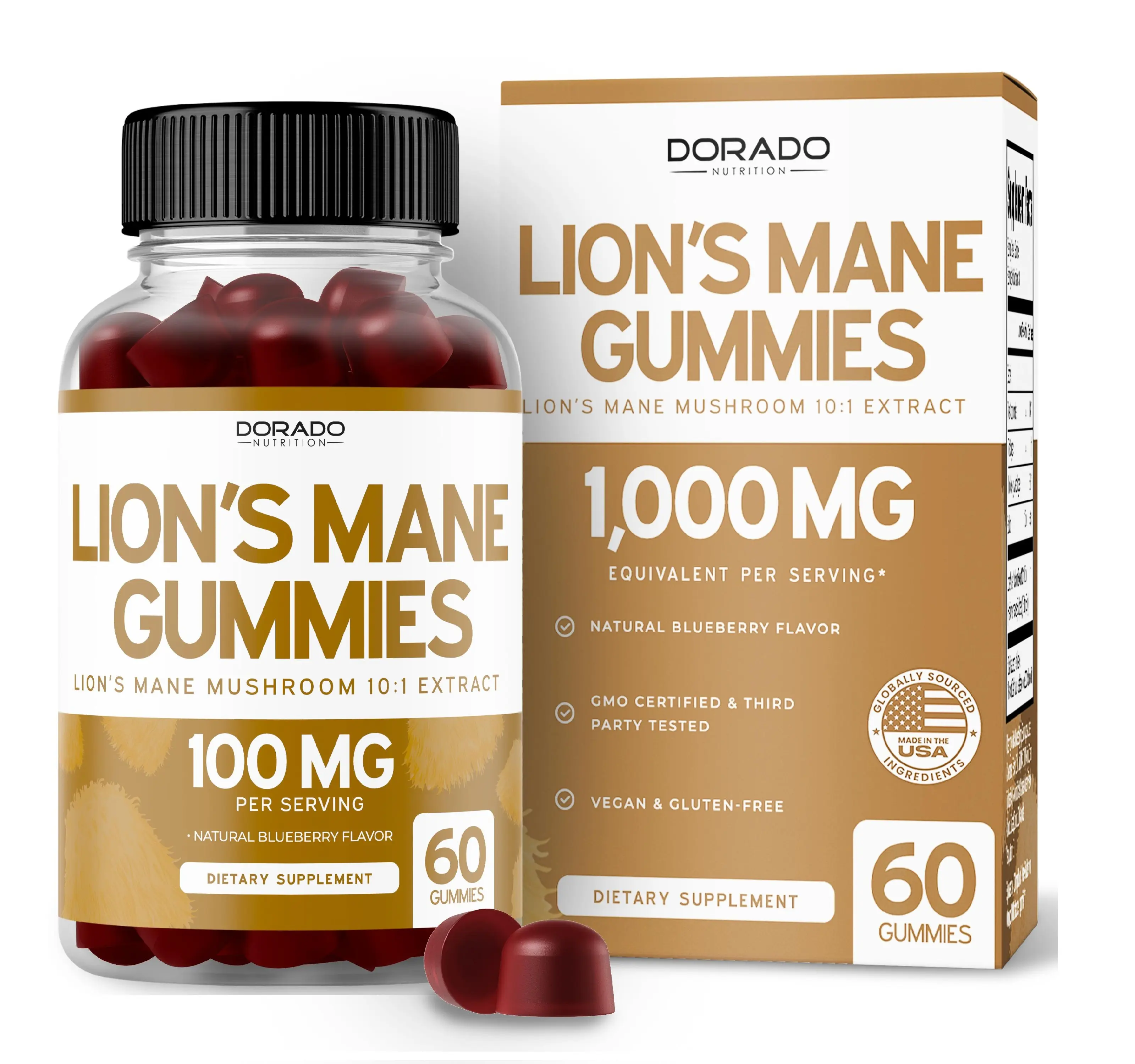 Lions Mane Mushroom Gummies – Brain & Focus Support for Adults – Delicious Blueberry Flavor – Vegan, Third-Party Tested, USA Made – 60 Count