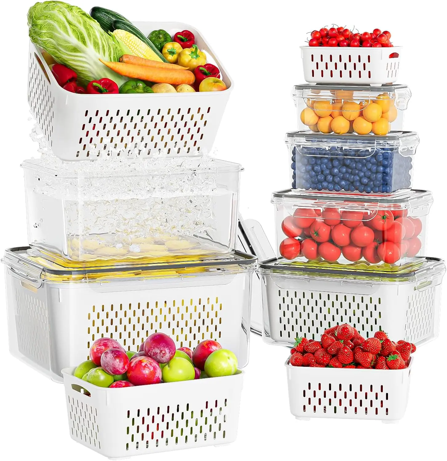 6 Pack Fruit Storage Containers for Fridge with Removable Colanders, 4 in 1 Produce Storage Containers with Lids, Leakproof Fridge Organizer Bins Keep Berry,Vegetable, Fruit, Meat Fresh Longer