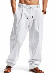 Men's Linen Straight Leg Pants, Breathable Textured Fabric, Loose Wide Leg, Summer Vacation Commute Daily Comfort, Casual Loose Pants, Casual Fashion Trousers